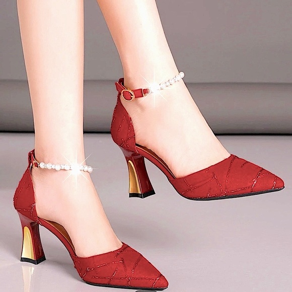 RED GOLD PEARL ANKLE STRAP FESTIVE HOT GLITTER EMBROIDERY LUXURY HEELS - Picture 2 of 4